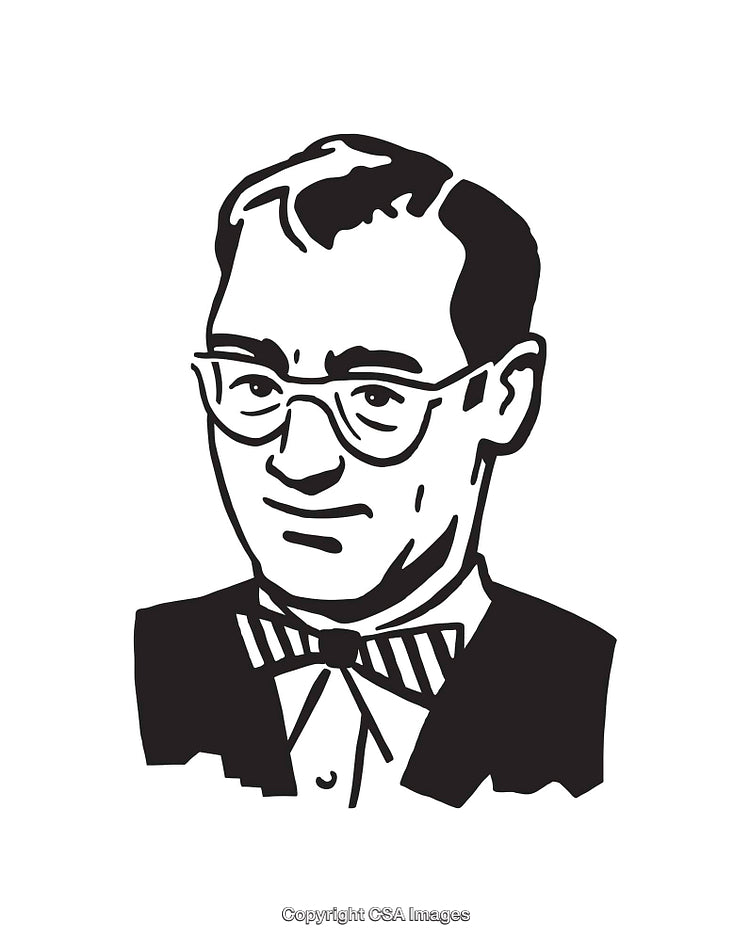 Black and White Line Art Illustration of a Man Wearing Glasses and Bowtie