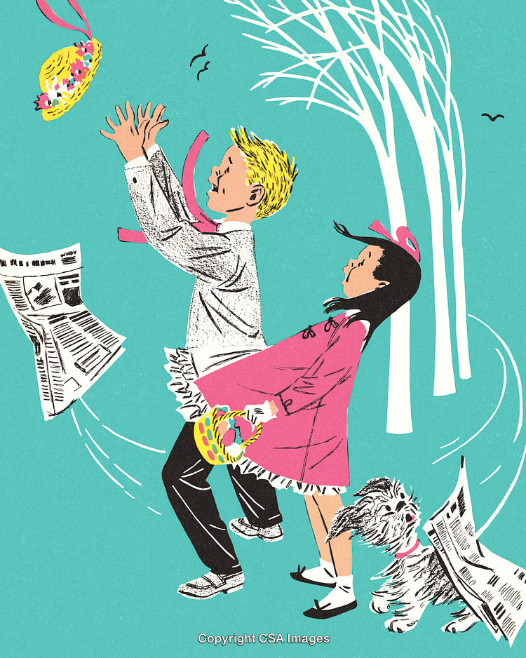 Colorful Illustration of Kids and a Dog in a Windy Scene
