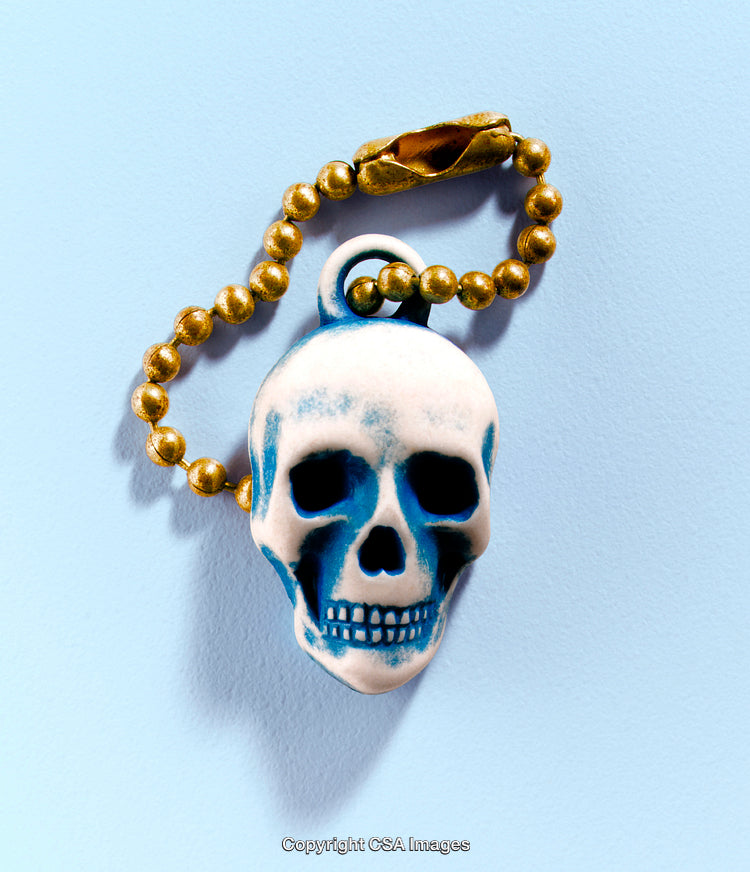 Gold Chain with Blue Skull Pendant on a Light Blue Background