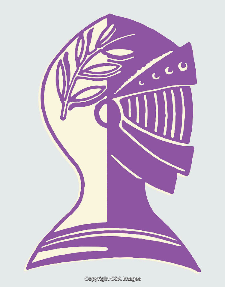 Stylized Purple Helmet with Olive Branch Line Art Illustration