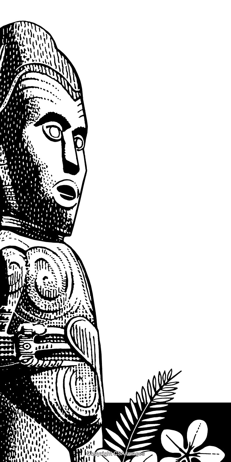 Black and White Engraving of Intricate Statue With Botanical Elements