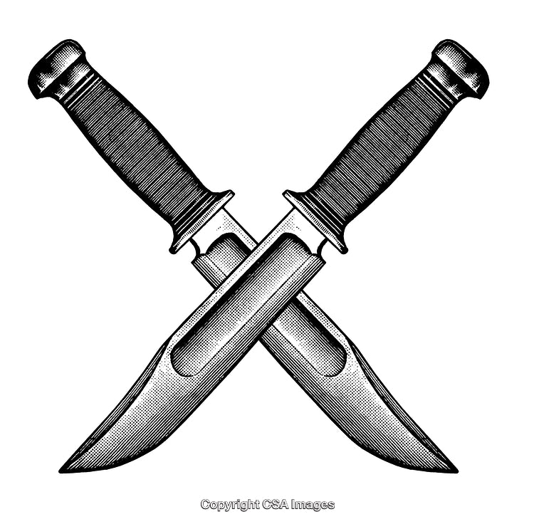 Crossed Dagger Illustration with Detailed Engraved Black and White Details