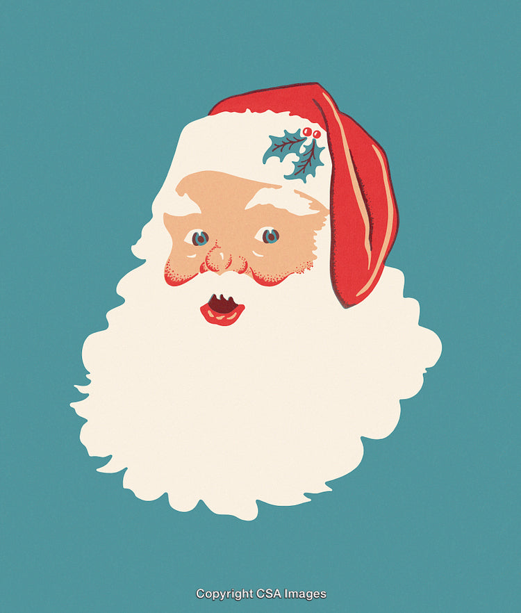 Retro Style Illustration of Santa Claus Face with Red Hat and Holly