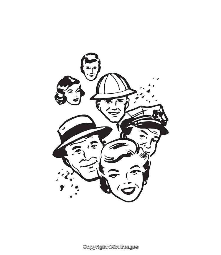 Group of People in Black and White Retro Line Art Style