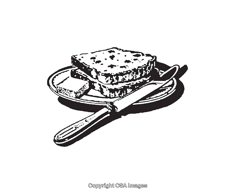 Black and White Line Art Illustration of Bread with Knife on Plate