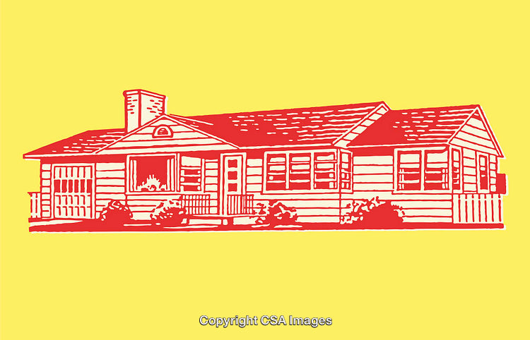 Mid-Century Suburban Style House in Red and Yellow Color Illustration