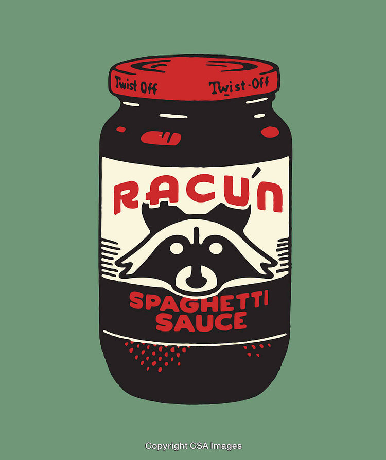 Jar of Pasta Sauce Featuring Raccoon Design Against Green Background