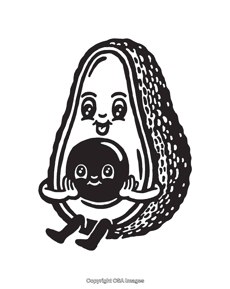 Cute Avocado and Seed Character Holding Hands, Black and White Illustration