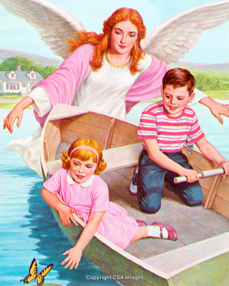 Guardian Angel Watching Children in a Boat on a Serene Lake