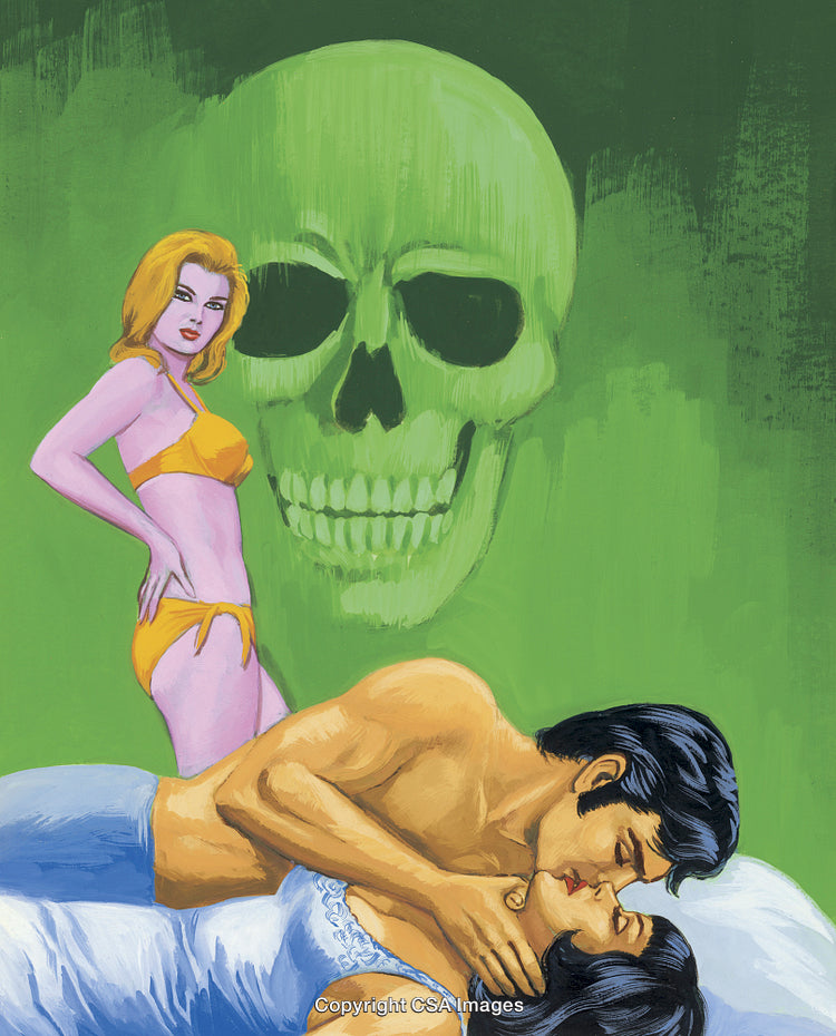 Vintage Style Illustration Featuring Romantic Tension and a Mysterious Green Skull