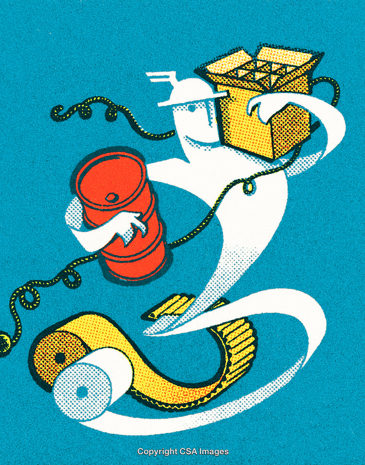 Abstract Illustration Featuring a Character with Industrial and Packaging Elements