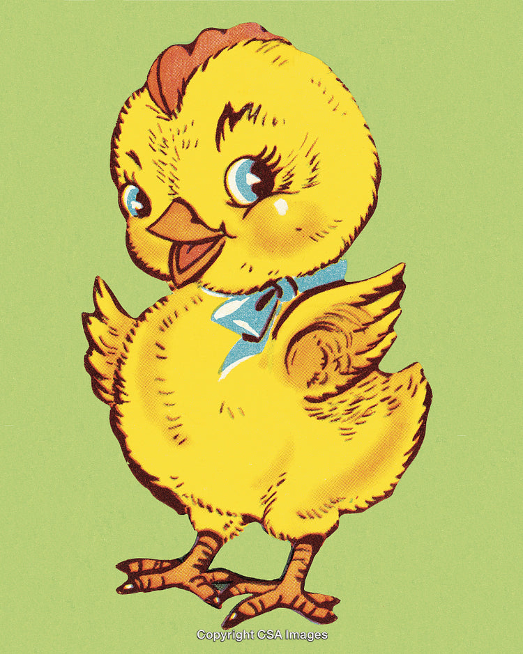 Charming Yellow Chick Illustration with Blue Ribbon on Green Background
