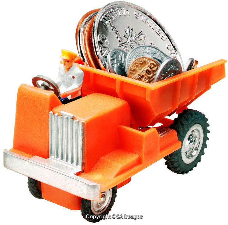 Vintage Toy Dump Truck Carrying Coins Symbolizing Wealth and Business