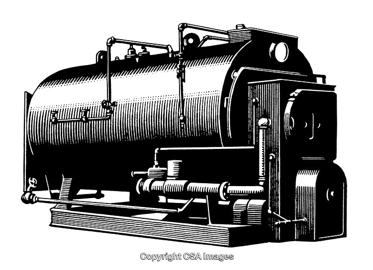 Detailed Engraving of an Industrial Boiler Machine with Classic Design
