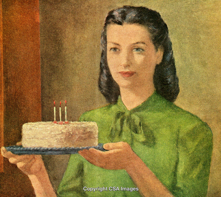 Vintage Illustration of a Woman Holding a Birthday Cake with Candles