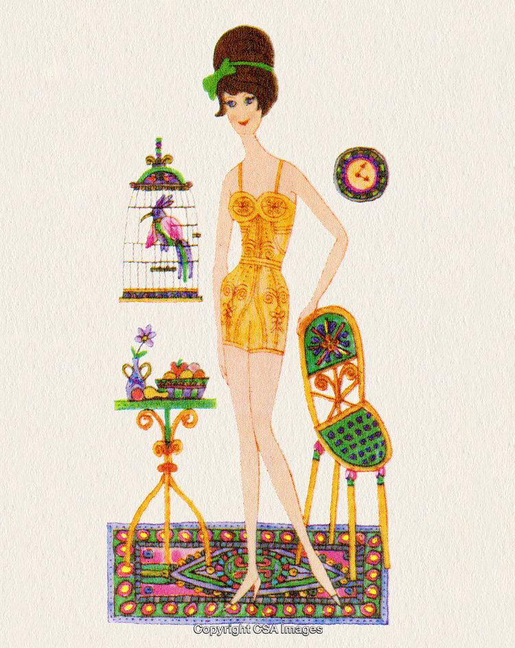 Vintage Illustration of a Woman in Stylish Attire with Artful Home Decor