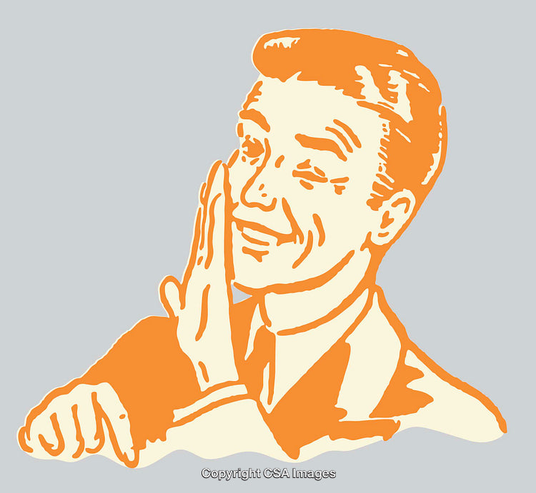 Retro Line Art Illustration of Smiling Man Whispering