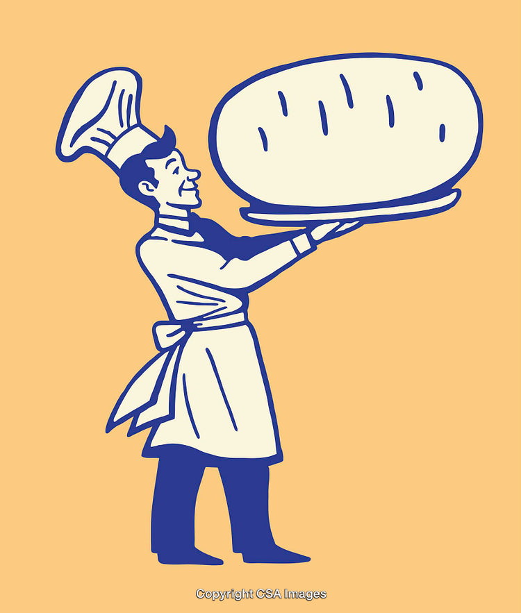 Illustration of a Chef Holding a Large Loaf of Bread on a Plate