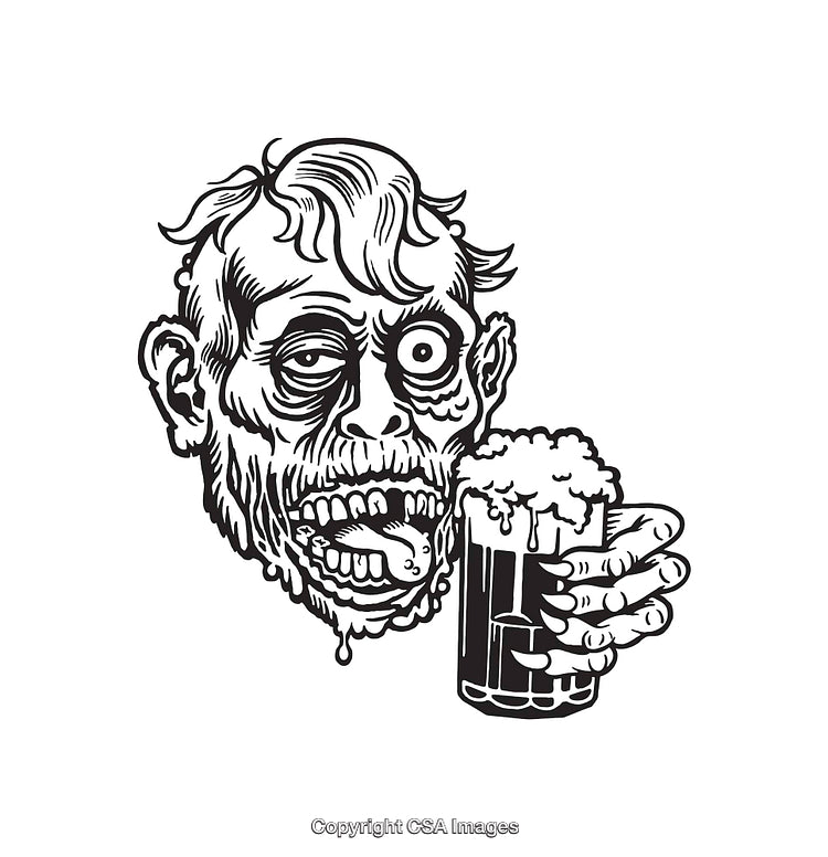 Black and White Zombie Illustration Holding a Mug of Beer