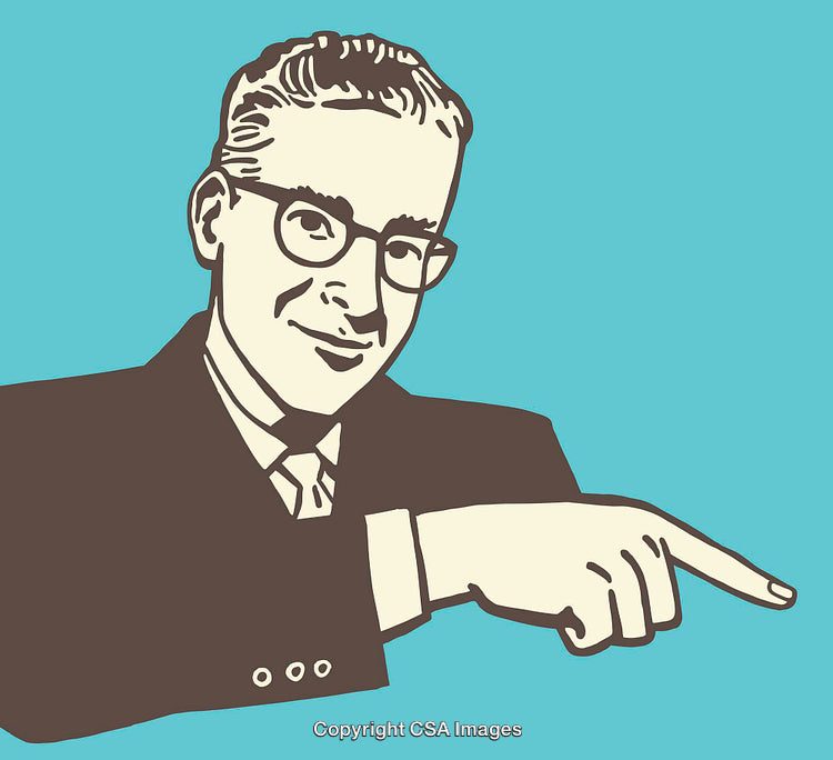 Vintage Illustration of a Smiling Man Pointing Forward on a Blue Background