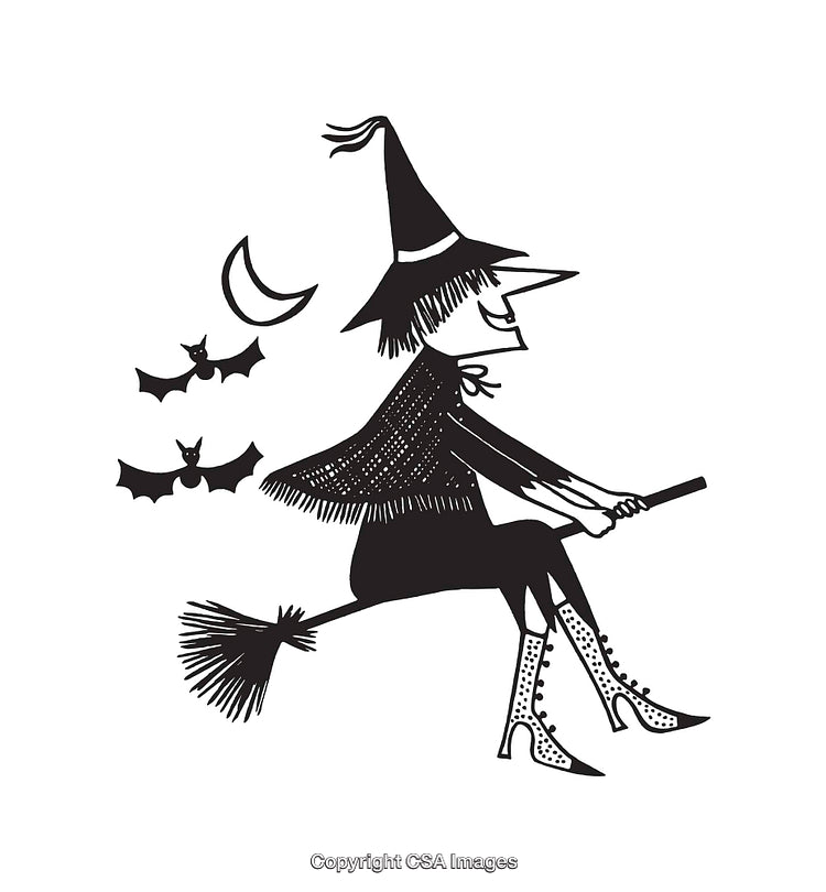 Black and White Illustration of Witch Flying on Broomstick