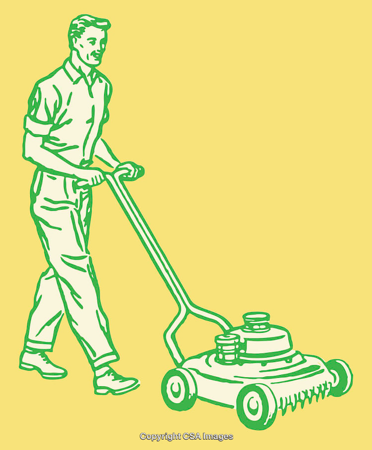 Man Mowing Lawn with Traditional Push Lawnmower in Bold Line Art Style