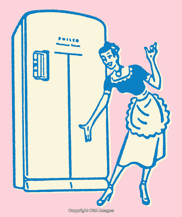 Retro Illustration of a Woman Presenting a Vintage Refrigerator in Line Art