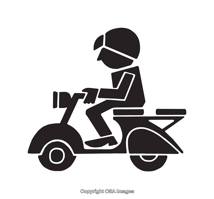 Black and White Illustration of a Scooter Rider Wearing a Helmet