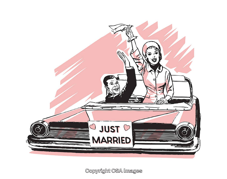 Retro Style Illustration of a Joyful Just Married Couple in a Car