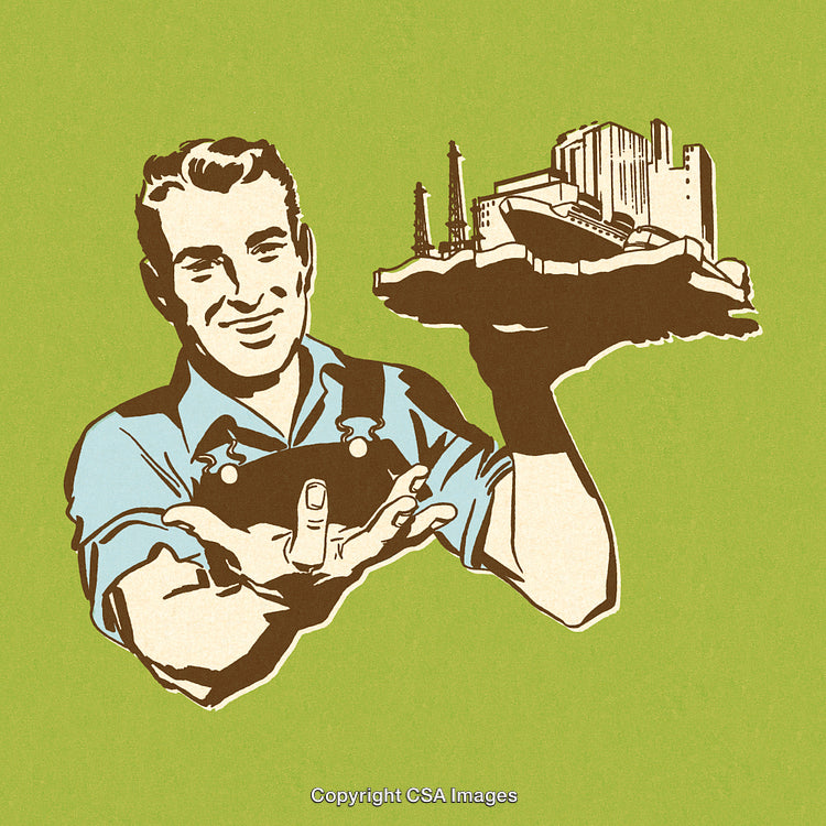 Retro Styled Worker Holding Miniature Industry Concept on Green Background