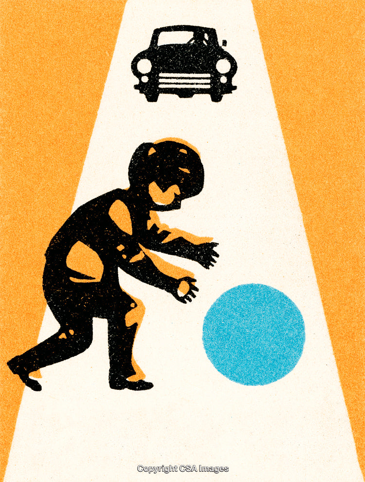 Child Playing Near Traffic in Bold Illustration Style