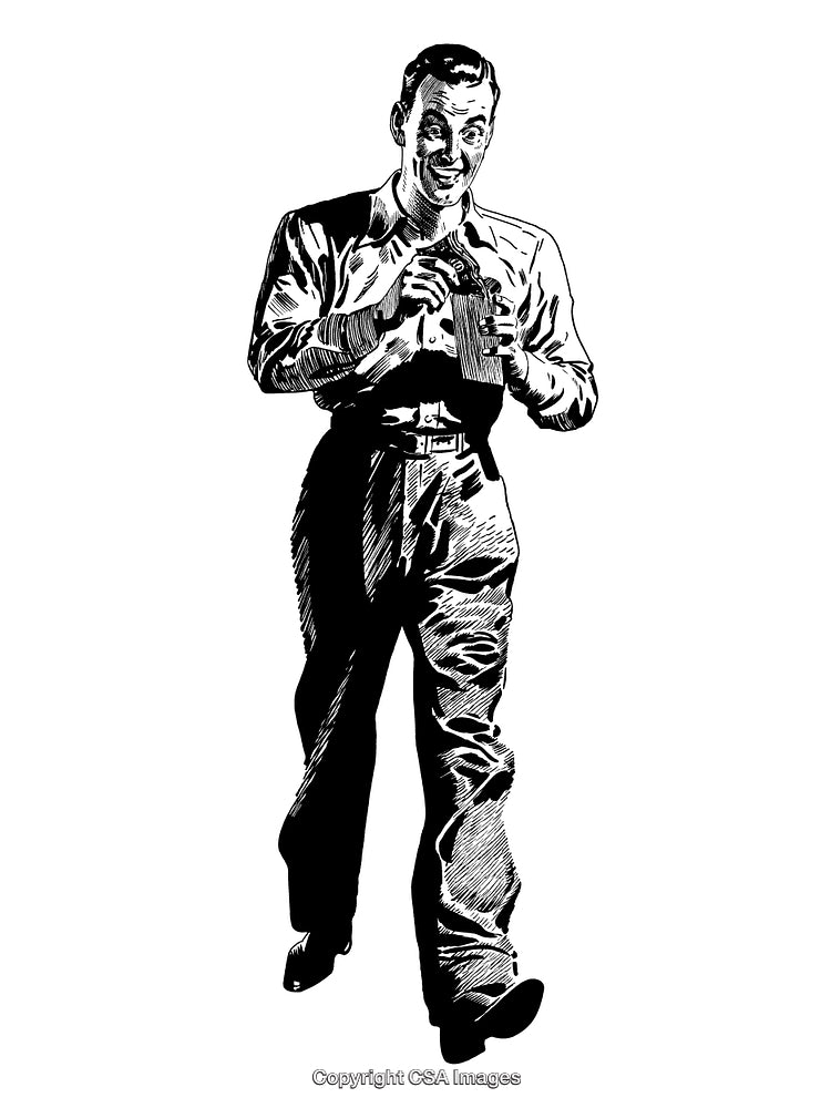Vintage Black and White Engraving of Man with Beverage