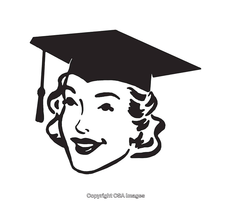 Black and White Illustration of a Female Graduate Wearing a Cap