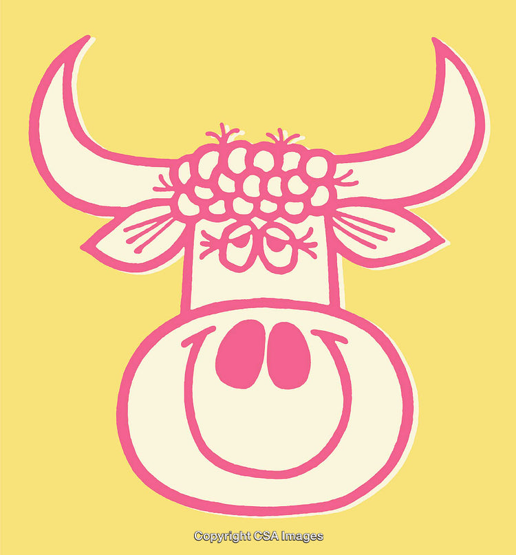 Playful Abstract Cow Line Art Illustration in Bright Pink and Yellow Colors