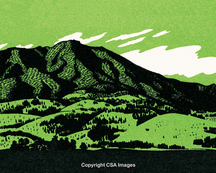 Colorful Illustration of a Majestic Mountain Landscape With Rolling Green Hills