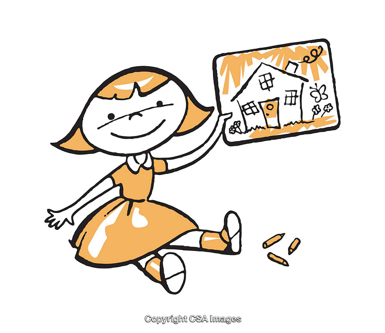 Illustration of Happy Child Drawing a House with Crayons