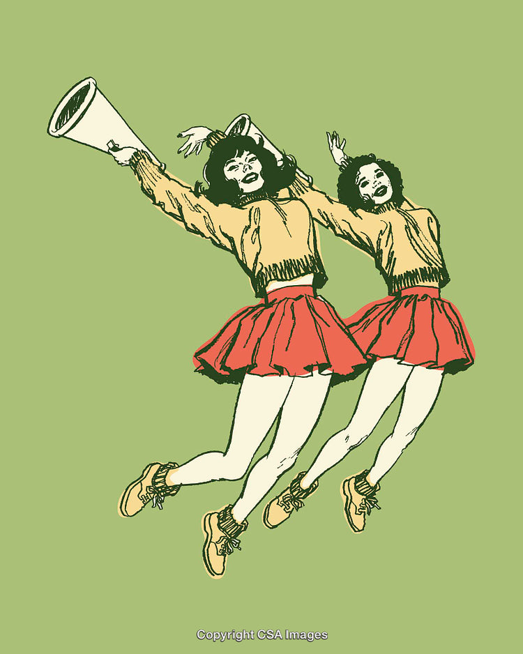 Retro Cheerleader Illustration with Energetic Pose and Classic Megaphone
