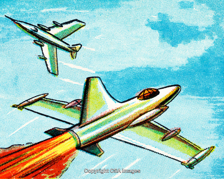 Dynamic Vintage Illustration of Combat Jets in Mid-Air Encounter