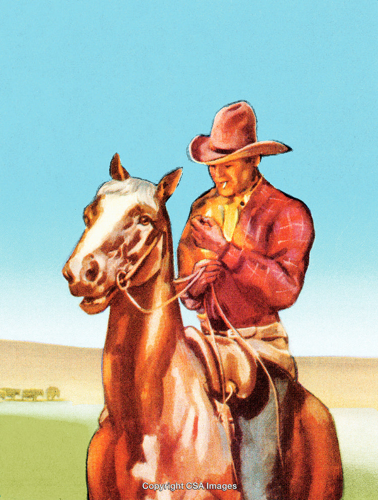Man in Cowboy Attire Riding Horse in Open Countryside Under Clear Blue Sky