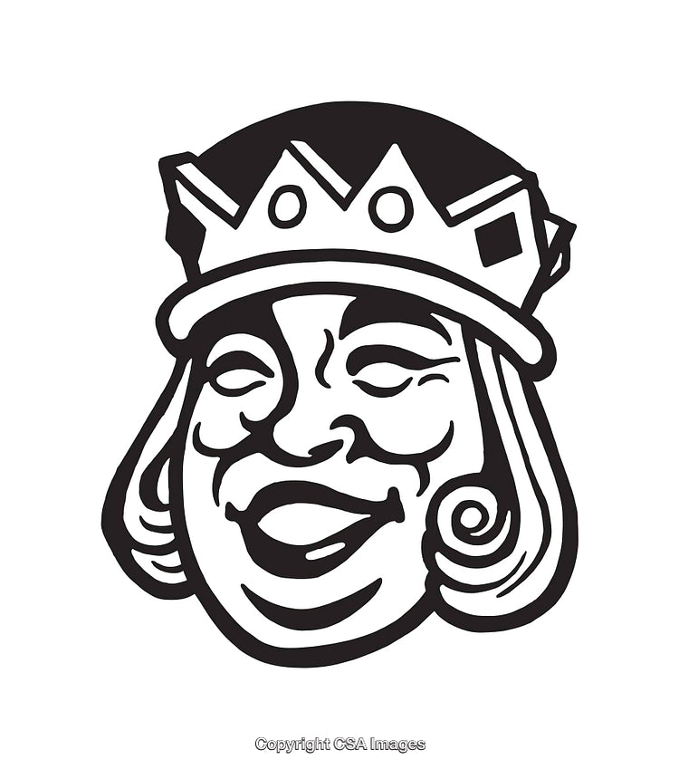 Black And White Line Drawing of a Smiling Cartoon King Face
