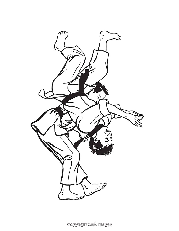 Black and White Line Art of Judo Throw Action Scene