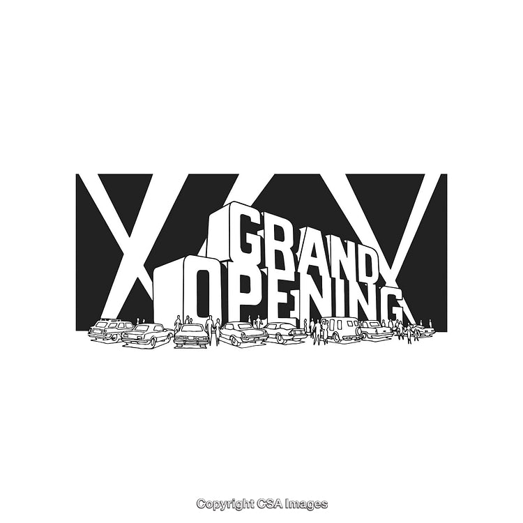 Black and White Illustration of a Grand Opening Event with People and Vehicles