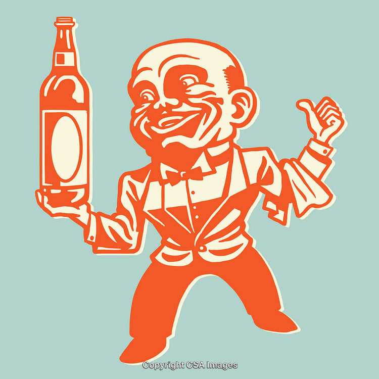 Vintage Line Art Illustration of a Jovial Man Holding a Bottle