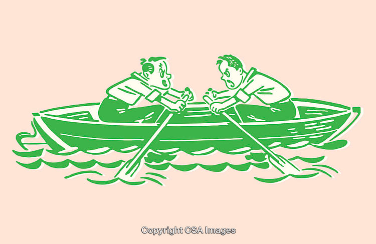 Illustration of Two Men Disputing While Rowing a Boat Together