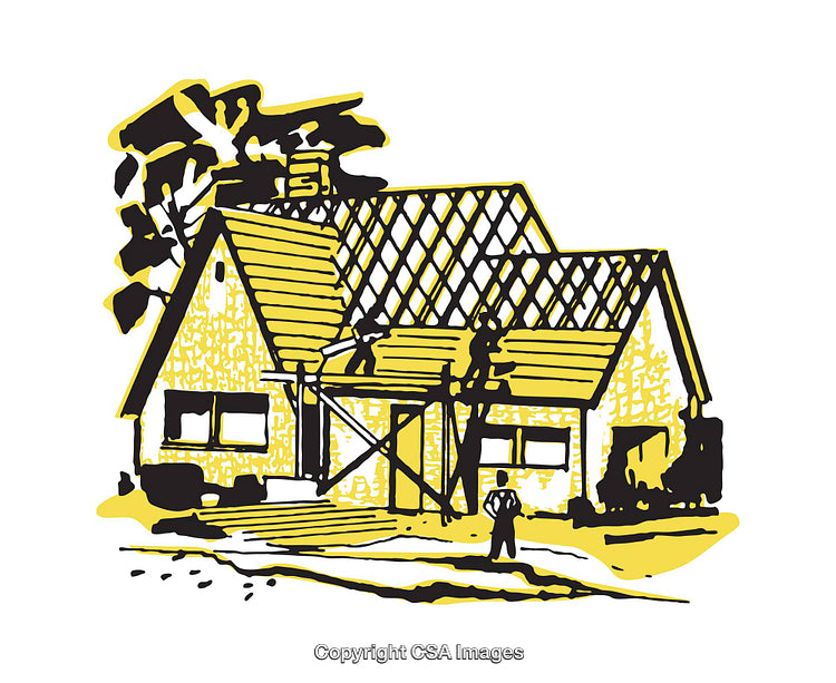 Illustration of a House Under Construction with Workers and Trees