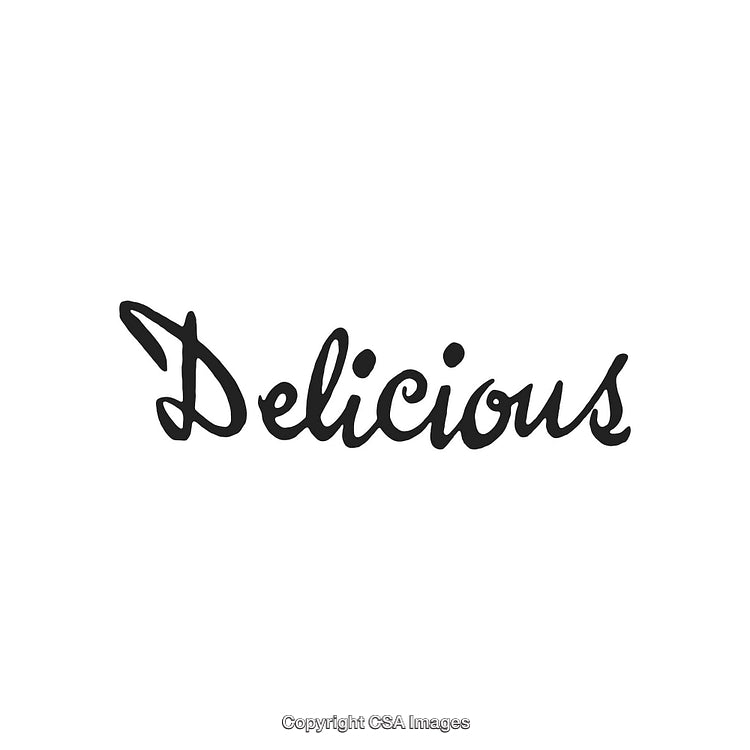 Elegant Black Handwritten Delicious Word on White Background