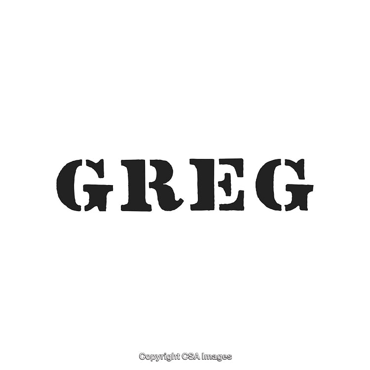 Black Stenciled Text with the Name Greg on White Background