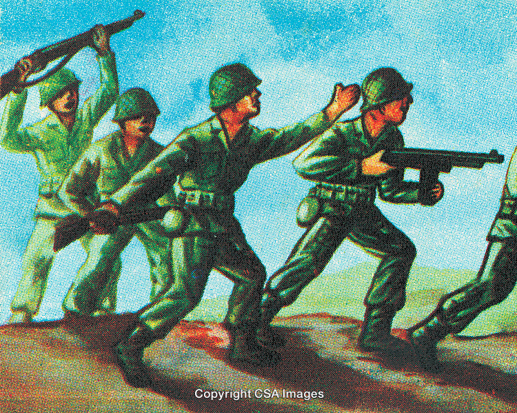 Illustration of Soldiers Advancing in Combat During a Historic Battle