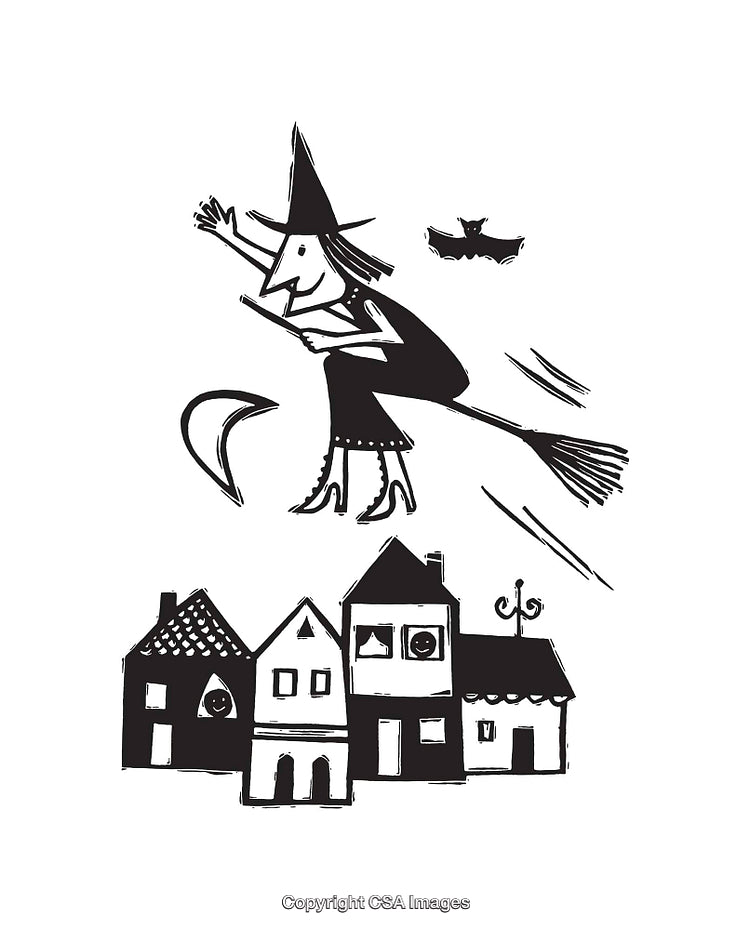 Whimsical Black and White Art of Witch Flying on Broom Over Village