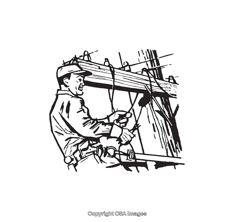 Electrical Worker Performing Maintenance on a Utility Pole in Black and White